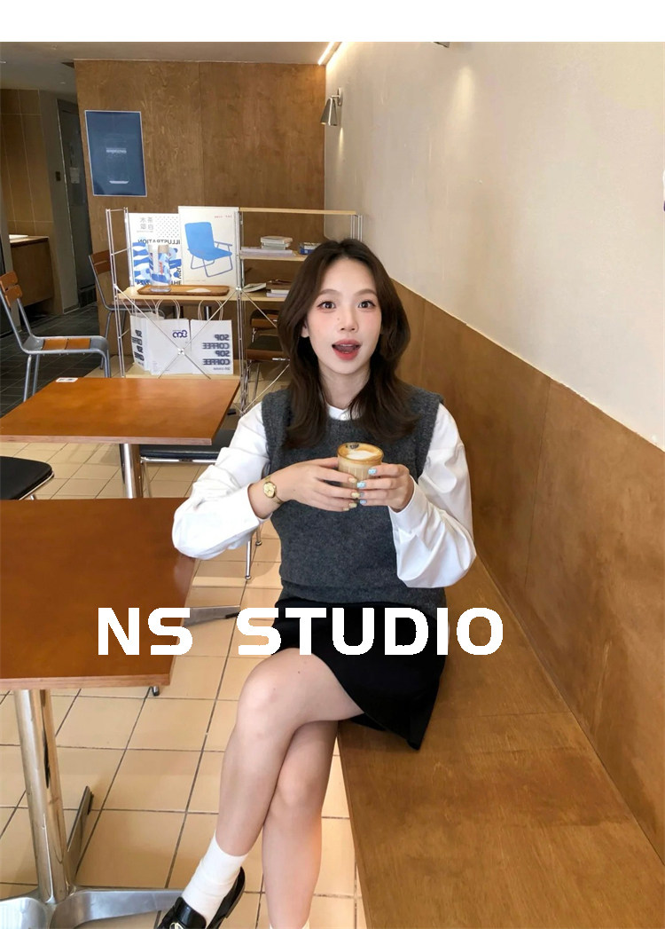 민소매 맨위 회색 조끼 베스트 어깨 스택 착용 느긋한 바람 니트 스웨터 풀오버 스웨터 여자 가을 상세 이미지 3