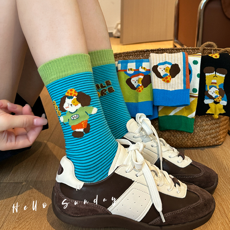 Cute and Quirky Puppy Socks for Women, Autumn and Winter Pure Cotton Mid-Tube Socks, Trendy Ins-Style, Designer Color-Blocking, Japanese Style for Girls