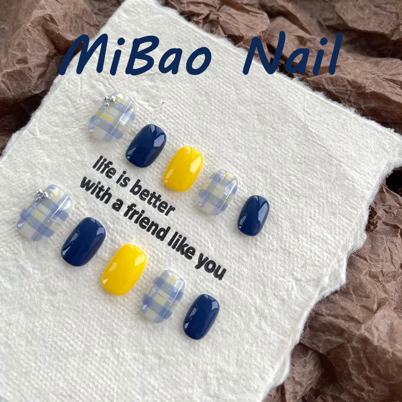 Blue Plaid New Style High-End Short Color-Blocked Handmade Wearable Nails Japanese Simple Nail Art Patch Nail Tips