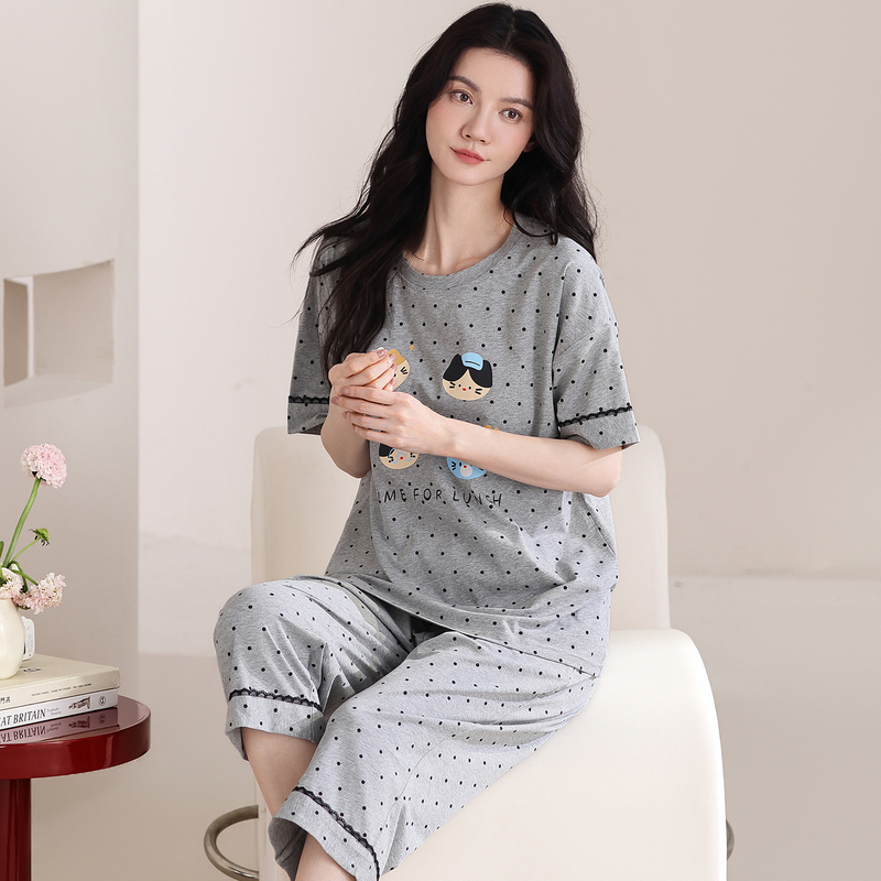 100% Pure Cotton Pajamas for Women, Summer Short-Sleeved Three-Quarter Pants Set, Cartoon Casual Extra Large Size Fat Girl Home Wear