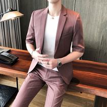 70% sleeves small Western-style mens suit Summer slim fit Short sleeves West suit Mens Korean version Trend Sleevy Sleeves Striped Casual