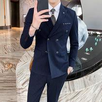 Blue double-breasted suit men Korean trend stripes light mature wind yuppie handsome casual suit suit suit men slim fit