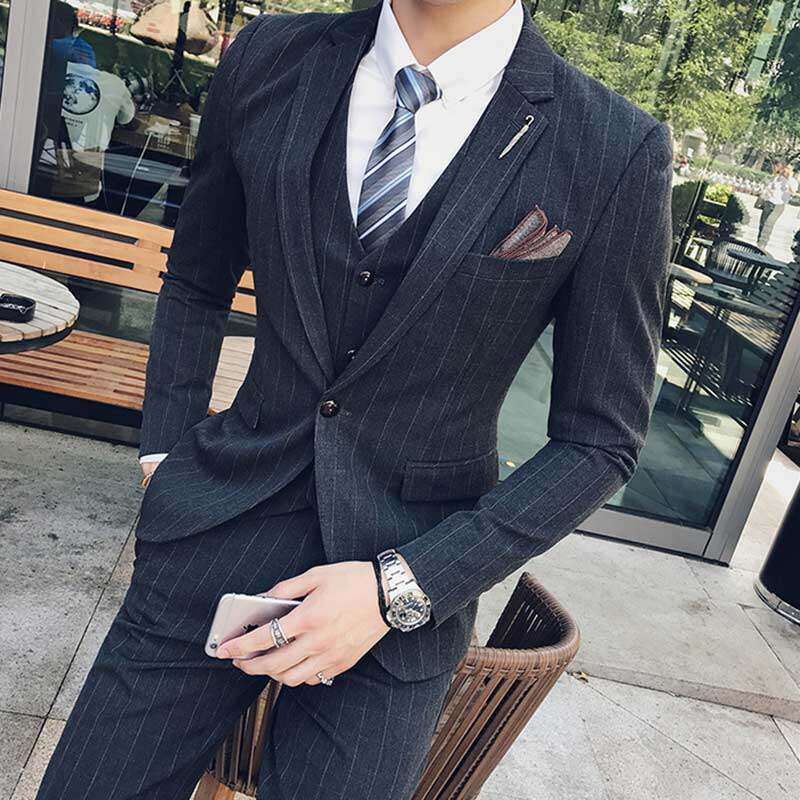 Large size men's suits suit men's suits handsome New Lang West clothes Men's Korean version Trend Stripes Knot Wedding Light and Wind