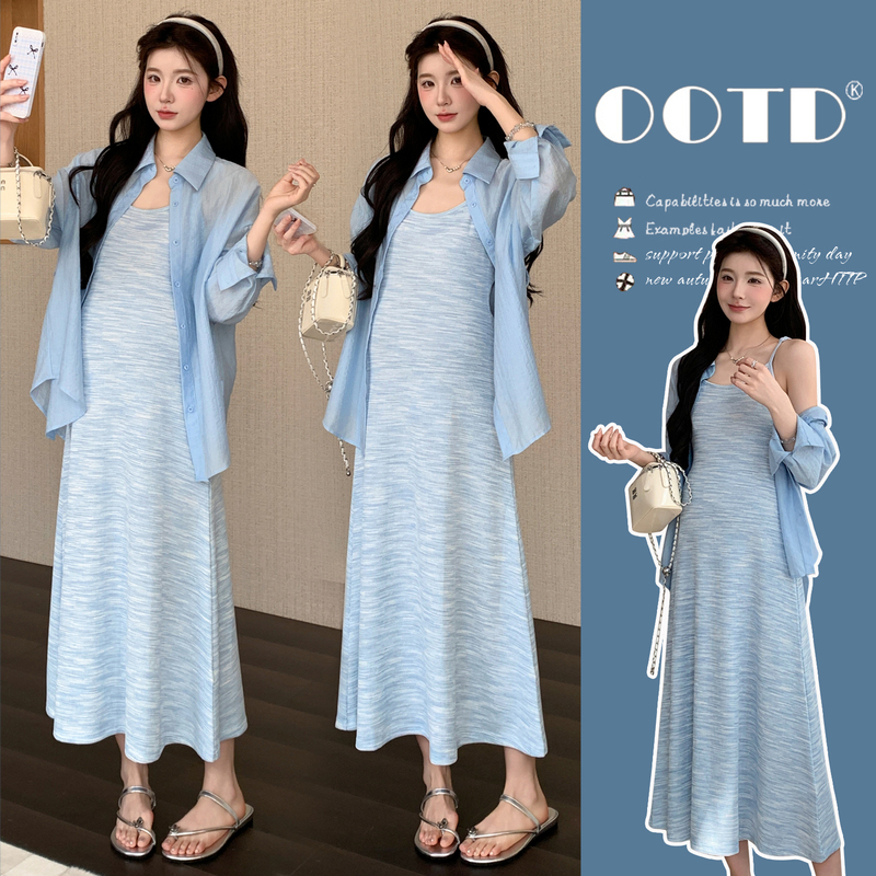 Maternity Dress, Summer Fashion, Trendy Mom's Pregnancy Outfit Set, Sun Protection Shirt, Blue Striped Suspender Long Skirt, Summer