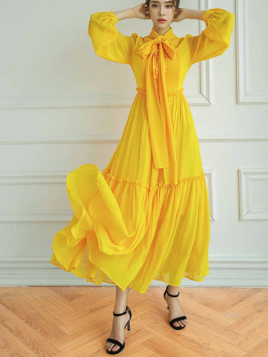 Luxury Yellow Dress Women's Long Temperament Skirt Large Swing Long-sleeved  New | eBay