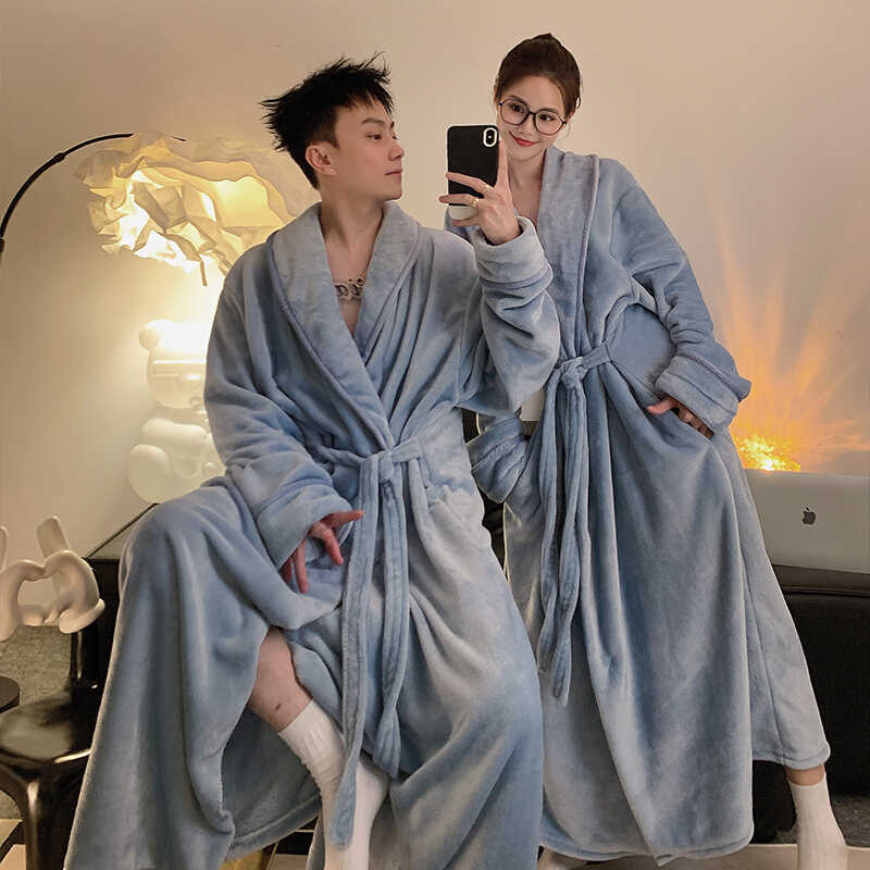 Pajamas Men's Long Robe Pure Cotton Winter Coral Velvet Nightgown Men's Winter Fleece Warm Couple Bathrobe Flannel