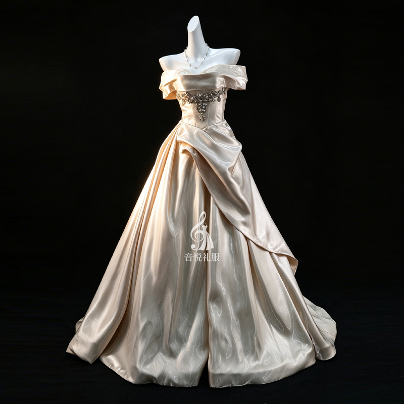One-Shoulder Champagne Gold Coming-Of-Age Ceremony Birthday Annual Meeting Host Concert Performance Costume Vocal Arts Exam Evening Dress