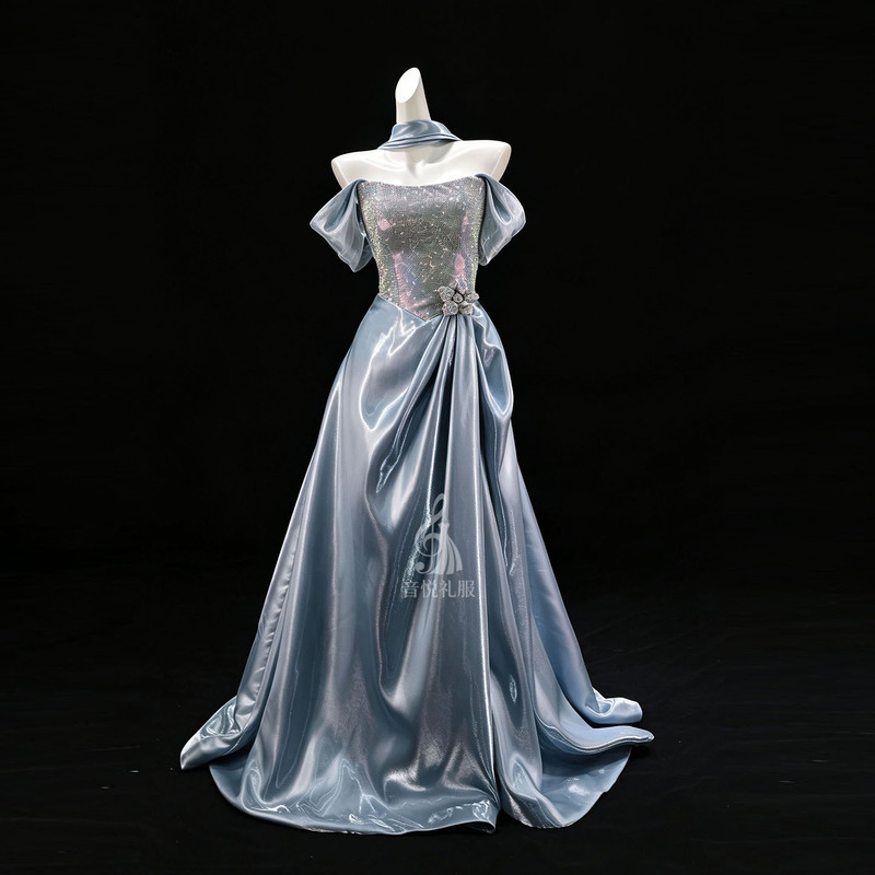 High-End One-Shoulder Blue Satin Evening Dress for Women, Suitable for Art Exams, Hosting, and Performances, with a Long Train High-End One-Shoulder Blue Satin Evening Dress for Women, Suitable for Art Exams, Hosting, and Performances, with a Long Train