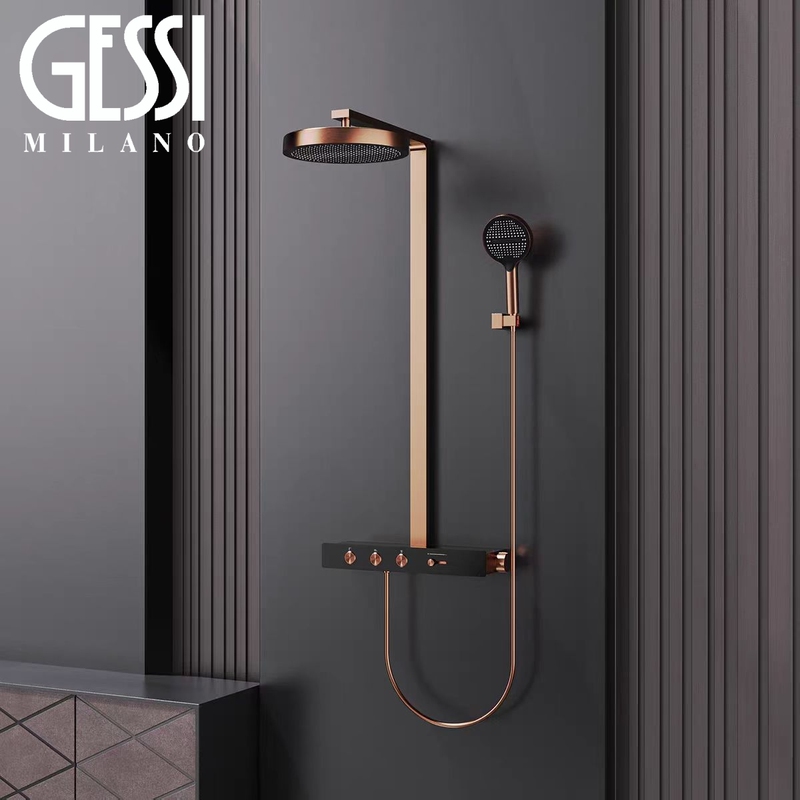 Italian Gessi All-Copper Thermostatic Shower with Storage Shelf, Brushed Rose Gold Bathroom Button Showerhead