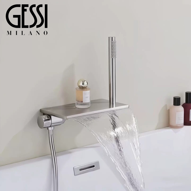 Italian Gessi All-Copper Matte Brushed Nickel Bathtub Hot and Cold Faucet Bathroom Wall-Mounted Tub Side Shower
