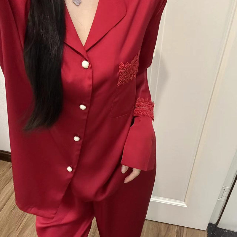 2025 New Original Red Lace Pajamas for Newlyweds, Women's Long-Sleeved Long Pants, Satin Ice Silk Couple's Home Wear Set