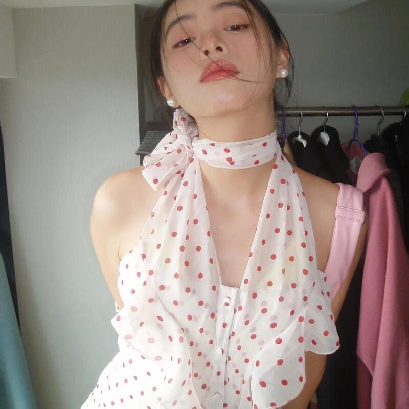 Correct Version】If It's Not Right, You Can Return It. Polka Dot Halter Neck Chiffon Vest for Women, Summer Style, French Ruffle Hem Top