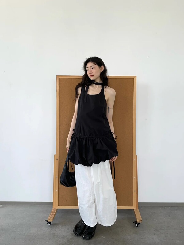 Correct Version】Series of Summer Witch Choker Versatile Little Black Dress Linen Plaid Multi-Wear Dress