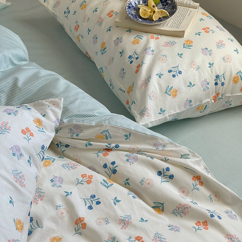First encounter Floral cotton four-piece double small fresh cotton bed sheet quilt cover dormitory single bed supplies