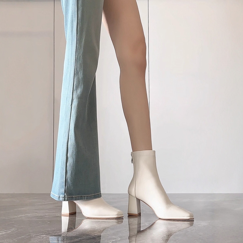 2025 Autumn and Winter White Chunky Heel Stretch Ankle Boots for Women, Versatile Outerwear Slim Boots, Stylish Back Zipper High Heel Martin Boots