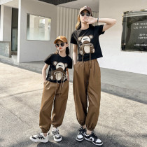 Parent-child clothing Internet celebrity summer street cartoon bear short-sleeved two-piece set 2024 summer clothing foreign-style mother-daughter workwear suit