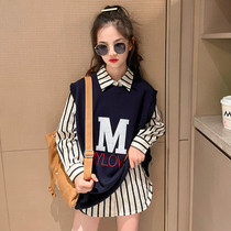 Girls knitting vest suit spring dress 2023 new ocean trendy children spring Han edition two pieces