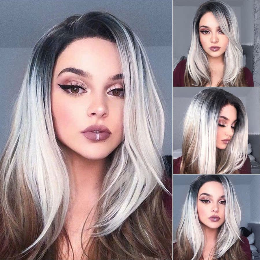 Women Short Straight Ombre Grey Hair Wig Cosplay Synthetic Full