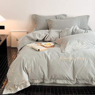 现代轻奢风180支加厚纯棉磨毛四件套刺绣全棉被套高级感床上用品