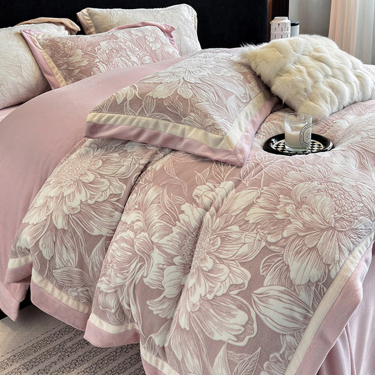 High-End Thickened Carved Milk Velvet Four-Piece Set Double-Sided Warm Coral Velvet Duvet Cover Bed Sheet Winter Bedding 4