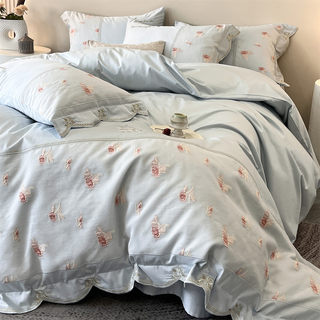 法式A类母婴级纯棉四件套全棉长绒棉花卉刺绣被套高级感床上用品