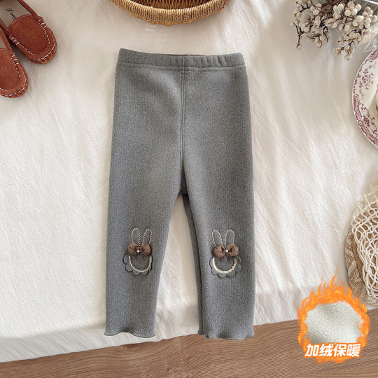 Baby girl plus velvet leggings autumn and winter Korean style children wear warm trousers outside little girl one-piece casual pants