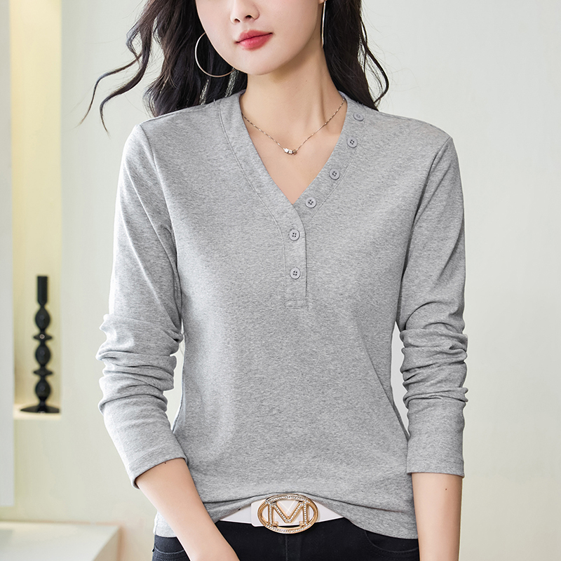 Pure Cotton V-Neck Long-Sleeve T-Shirt for Women, 2026 Spring New Style, Loose Fit, Button-Up, Versatile, Elegant, Autumn and Winter Top, Base Shirt
