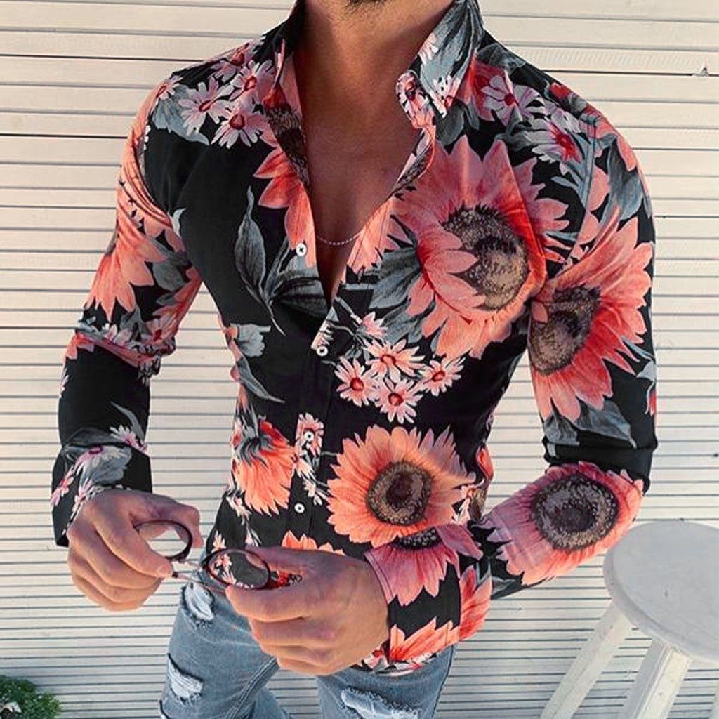 New Mens Floral Shirt Long Casual Shirt Fashion Rose