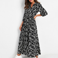 Vintage Floral Print Maxi Dress Women Boho Casua Shirt Dress
