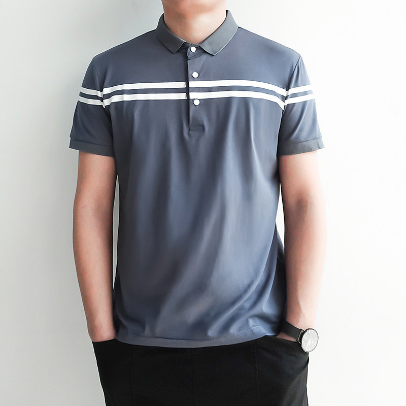 Men's polo shirt Short sleeve Casual wild light business Stripe Stretch summer breathable cotton lapel t-shirt top