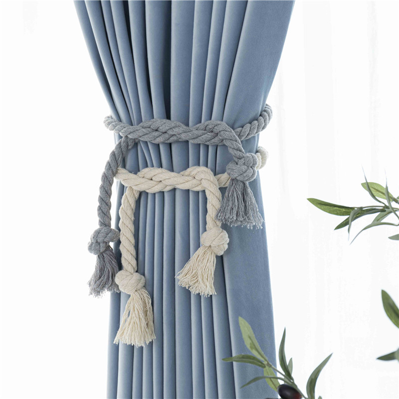 A pair of cotton rope curtains tied with creative tie-rope strap with curtain buckle free punching household minimalist modern Nordic