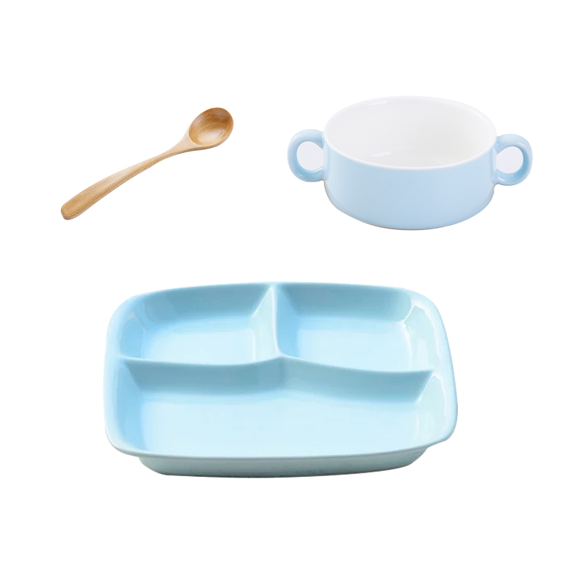 Children's Small 3 Pack (Blue)Separate meals Dinner plate Grid ceramics plate breakfast Eat for one Tableware set Japanese  separate Tray meal plate dinner