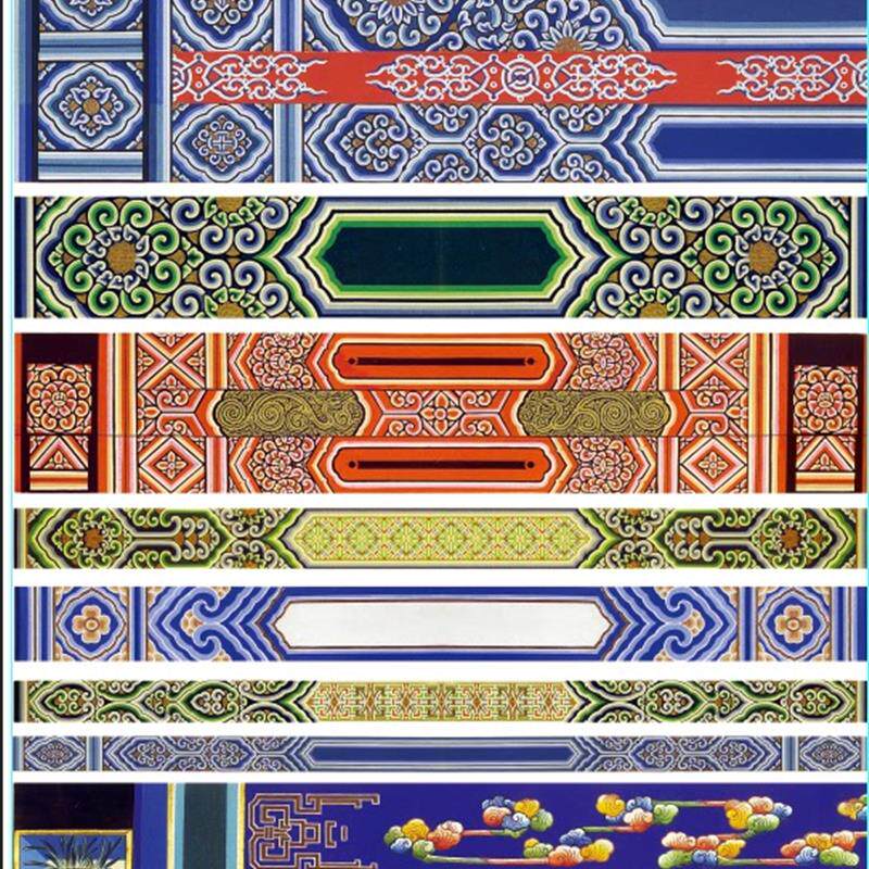 房梁横梁彩绘花纹墙纸吊顶壁画中式廊柱藏式建筑装饰寺庙吊顶壁纸