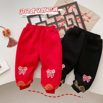 Childrens tiger head plus plush pants 0-6 years old winter mens moiré casual pants female baby festive New Year pants big PP pants