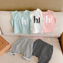 ins Korean version baby summer thin cute tank top + striped shorts set for men and women baby big PP pants two-piece set