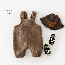 Baby autumn and winter clothes with plush thick suspenders baby big PP pants newborn fur pockets warm jumpsuit trend