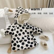 Baby Korean coat winter coat fleece thickened baby polka dot magic hat cotton suit warm slanted cardigan to go out