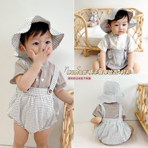 Baby short-sleeved shirt summer thin suit baby fashion shirt plaid strap shorts two-piece set of foreign fashion