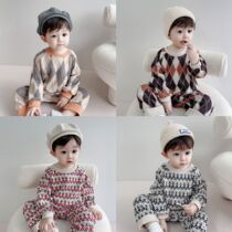 INS newborn Korean version crawler baby knitted print jumpsuit male and female babies go out in spring and autumn