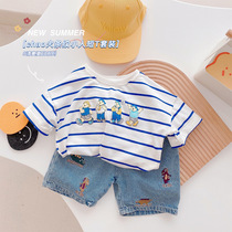Boys summer shorts shorts set thin childrens T-shirt breathable soft denim five-point pants two-piece set