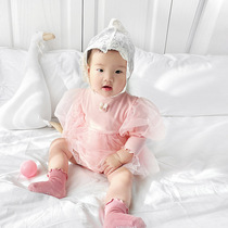 Baby girl princess puff sleeve mesh skirt baby full moon suit farts jacket newborn crawler suit 100-day suit