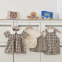 Girls foreign plaid summer wear series 0-5 years old summer baby British style suspenders childrens Korean version dress