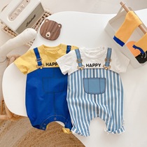 Baby summer harness fake two-piece one-piece thin hat baby one-piece one-piece crawling suit newborn shirt