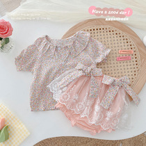 Baby foreign princess short sleeve suit summer dress girl 100 days broken flower top lace shorts two-piece first year dress