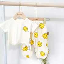 Baby summer thin short sleeve baby cotton T-shirt + mosquito repellent trousers childrens big PP pants breathable top anti-mosquito pants