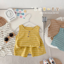 Childrens solid color loungewear 0-3 years old summer boy Korean version sleeveless tank top striped shorts two pieces