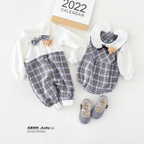 Baby Korean version plaid one-piece brother and sister outfit baby lapel plaid panel Harley preppy style newborn crawling suit