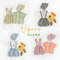 Baby summer thin t-shirt plaid suspenders short-sleeved hat three-piece set for men and women baby super cute set