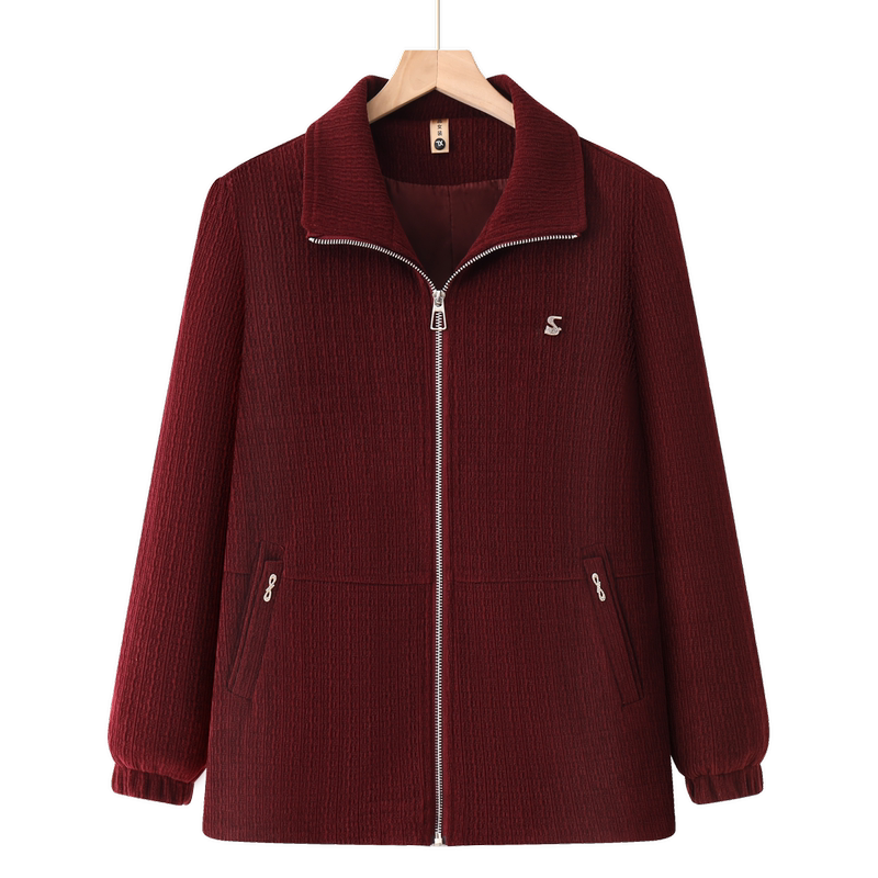 Autumn and Winter Corduroy Jacket for Middle-Aged and Elderly Women, Mom-Style Turn-Down Collar Zip-Up Coat, Loose and Warm Plus-Size Top
