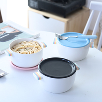 Korean cartoon creative rainbow double ear students convenient foam bowl with cover ceramic bowl lovely rice bowl